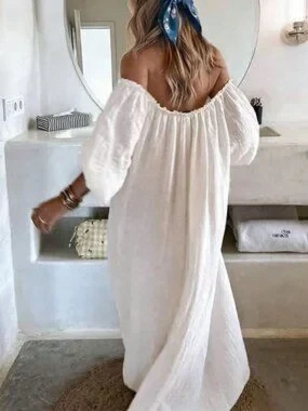 ZARA White Casual Women's Plain Off-Shoulder Lantern Sleeve Loose Long Dress